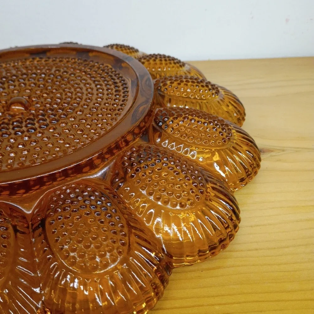 Indiana Glass Deviled Egg Plate Vintage Amber Hobnail 11